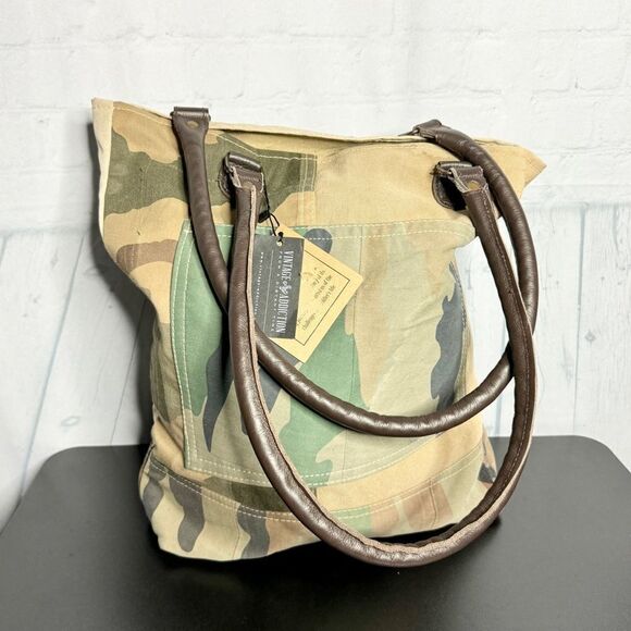 NEW Vintage Addiction tan recycled canvas leather camo print large tote bag - Picture 6 of 12